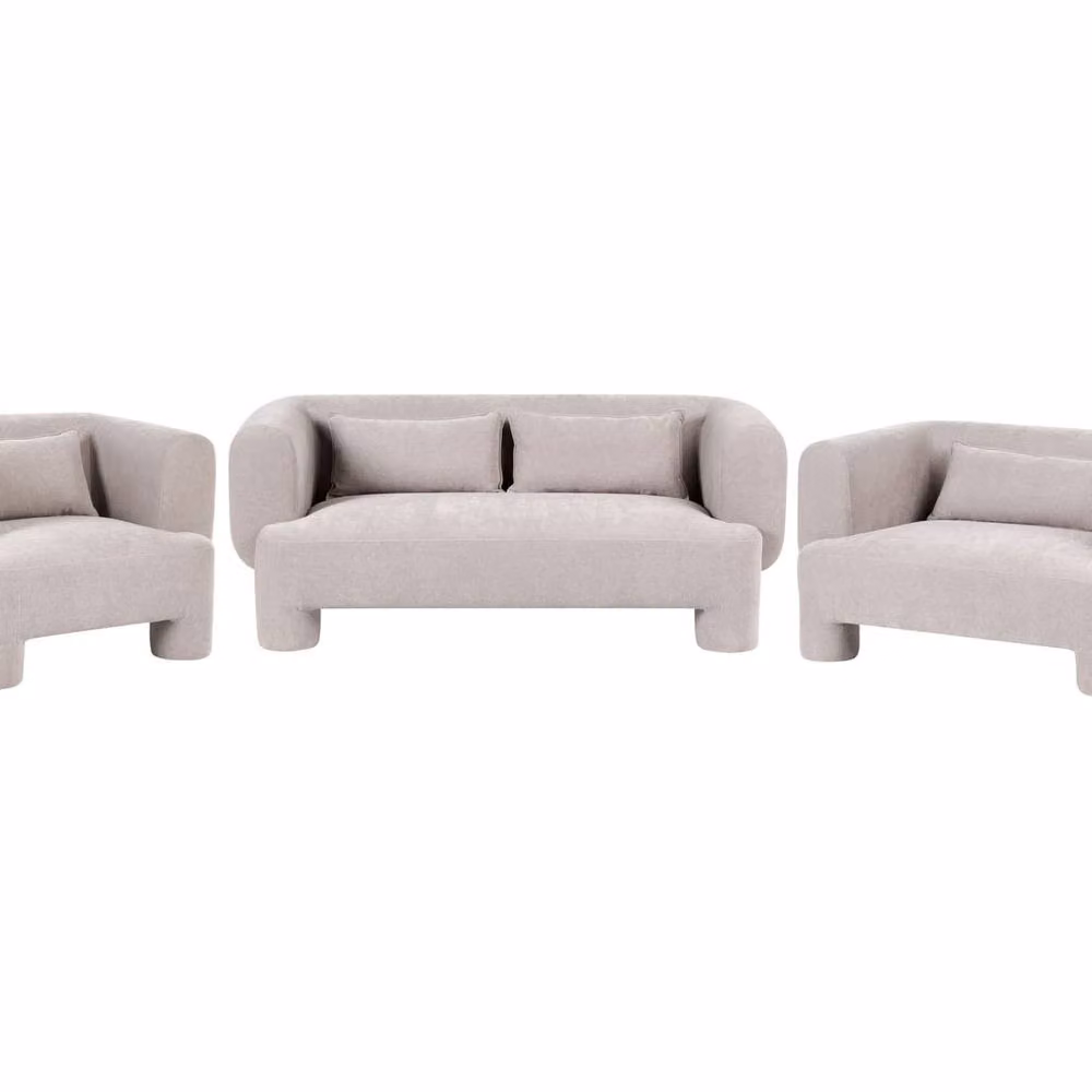 Wyld and Coco Beige Fabric Curved 3-Seater Sofa with Armrests and Scatter Cushions – 2