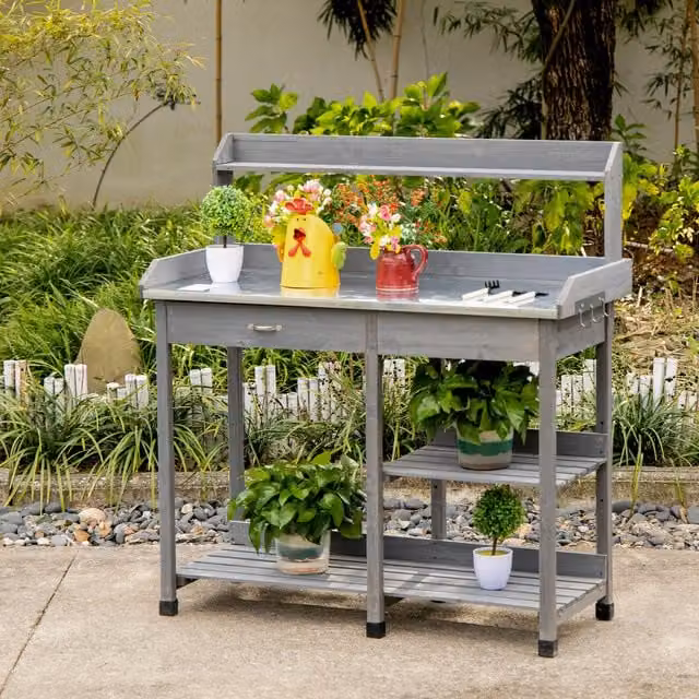 Outsunny Grey Wooden Garden Potting Table and Workstation Bench