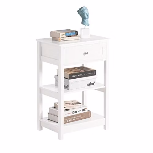 SoBuy Modern White Bedside Table with 1 Drawer and 2 Shelves, W: 45 cm, D: 30 cm, H: 68 cm – 2