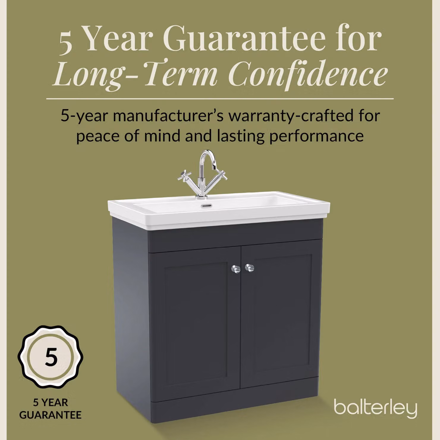 Balterley Dark Grey 2-Door Freestanding Bathroom Floor Vanity Unit with Fireclay Basin, W: 80 cm, H: 86.5 cm – 4