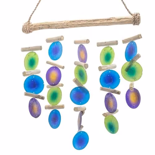 Ancient Wisdom KDMD Green and Purple Driftwood Hanging Chime with Glass and Wood Details