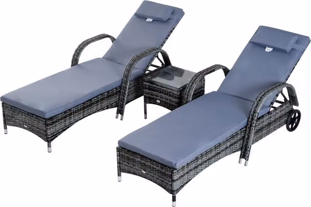 Outsunny 3 Piece Grey PE Rattan Sun Lounger Set with Cushions and Side Coffee Table