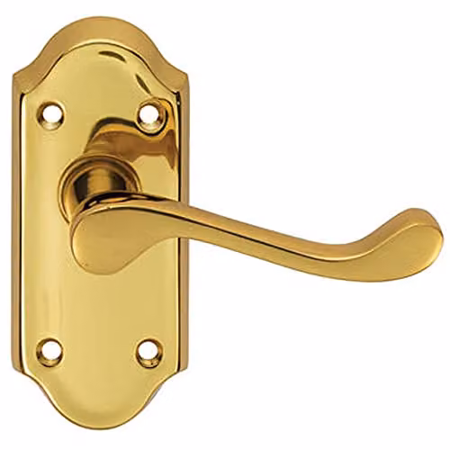 Loops Pair Victorian Scroll Lever on Short Latch Backplate in Polished Brass, W: 112 mm x H: 48 mm