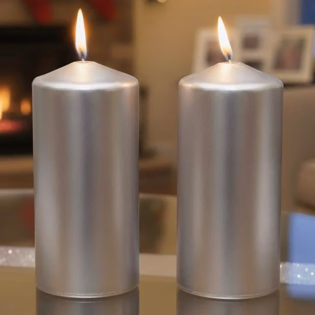Marco Paul Set of 2 Metallic Silver Round Pillar Candles
