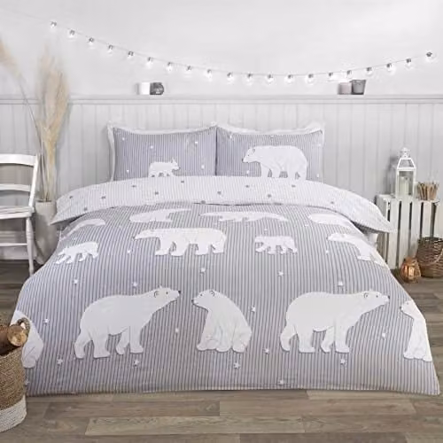 Rapport Home Polar Bear Reversible Single Duvet Cover and Pillowcase Set, Grey, White and Pink, 100% Brushed Cotton Flannelette, Duvet Cover: 135 x 200 cm, Pillowcase: 50 x 75 cm