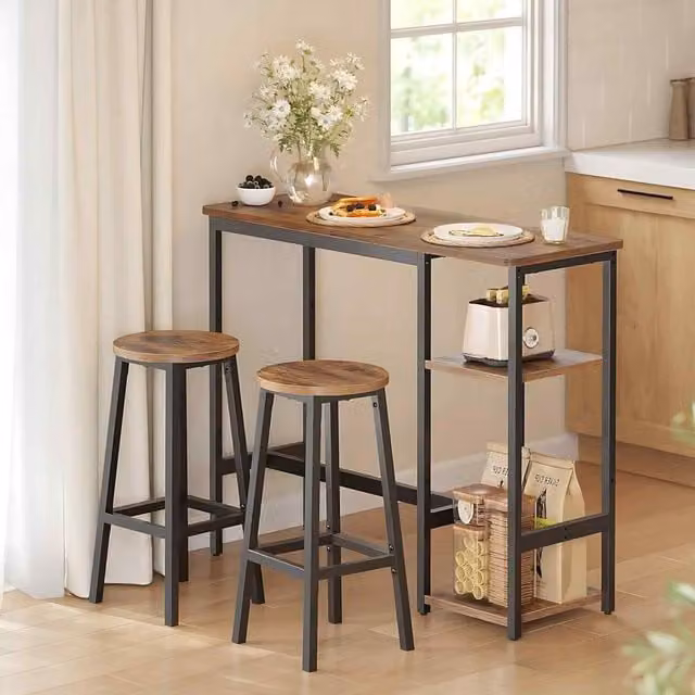 The Bazaarist 3 Piece Industrial Bar Table Set with 2 Stools in Brown and Black