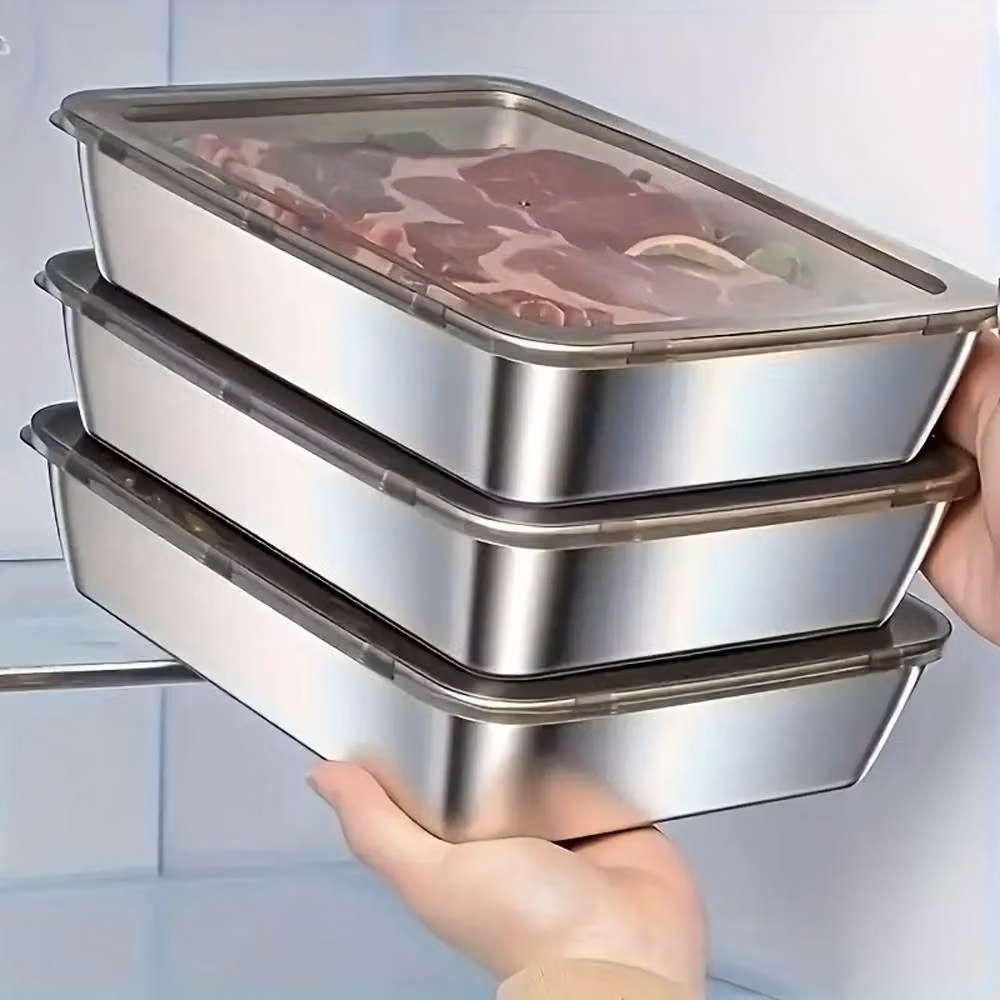 Living and Home 6-Piece Stackable Stainless Steel Rectangular Food Storage Container Set with PP Lids in Silver – 5