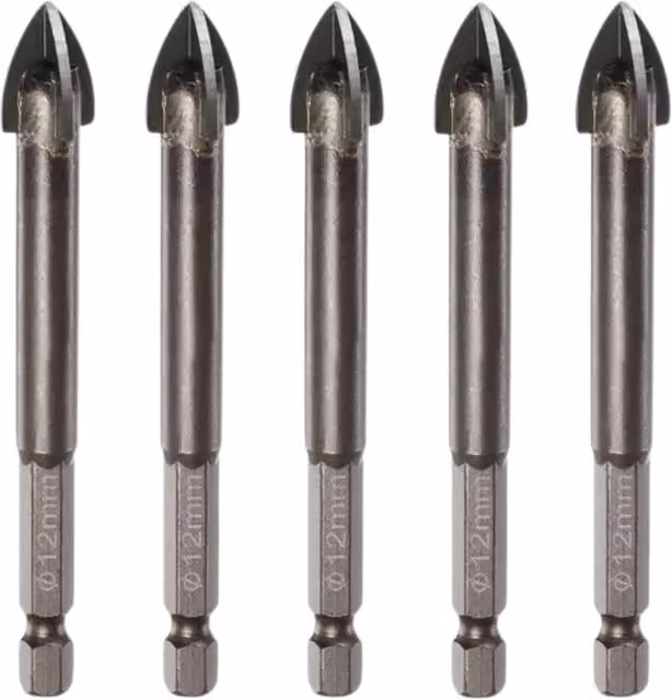 OKODOKO 5-Piece Titanium-Coated Carbide-Tipped Masonry Drill Bits with 1/4 inch Hex Shank, 12 mm, Silver