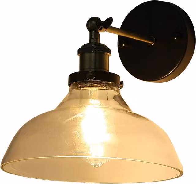 Living Star Industrial Armed Wall Sconce with Transparent Glass Dome Shade in Black and Brass