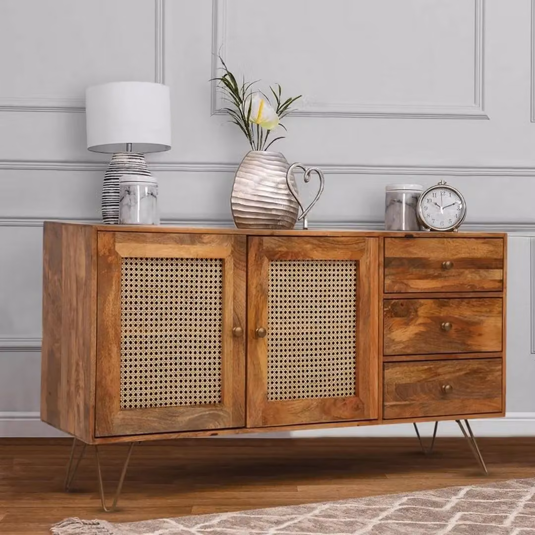 Jaipur Furniture Ltd Nyack Large Sideboard in Light Brown Mango Wood and Iron with Natural Rattan, W: 145 cm, D: 40 cm, H: 80 cm – 2