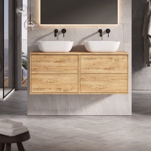 Banyetti Venti 1200mm Wall Hung Vanity Unit with Matching Worktop in Ostippo Light Oak