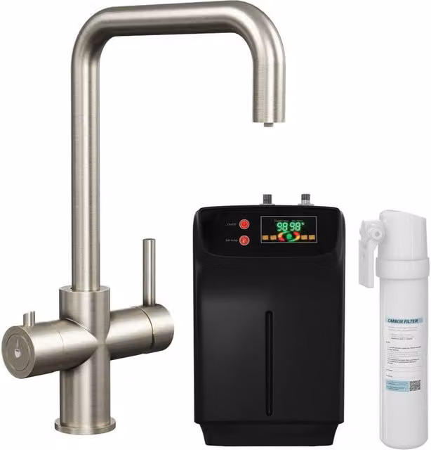 Balterley 4-in-1 Instant Hot Water Kitchen Sink Tap with Dual Handles in Brushed Nickel Silver