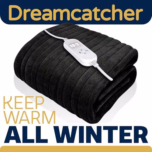 Dreamcatcher Deluxe Electric Heated Double Throw Blanket in Black with Fleece Finish and Timer – 10