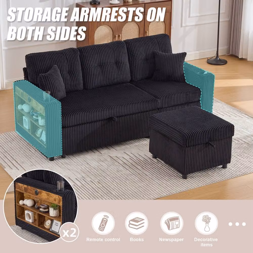 BTM Black Corduroy Upholstered Sofa Bed with Storage, USB-C Charging and LED Lighting – 3