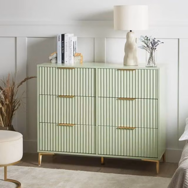 Wyld and Coco Green 6-Drawer MDF Chest with Fluted Fronts and Gold Accents – 1