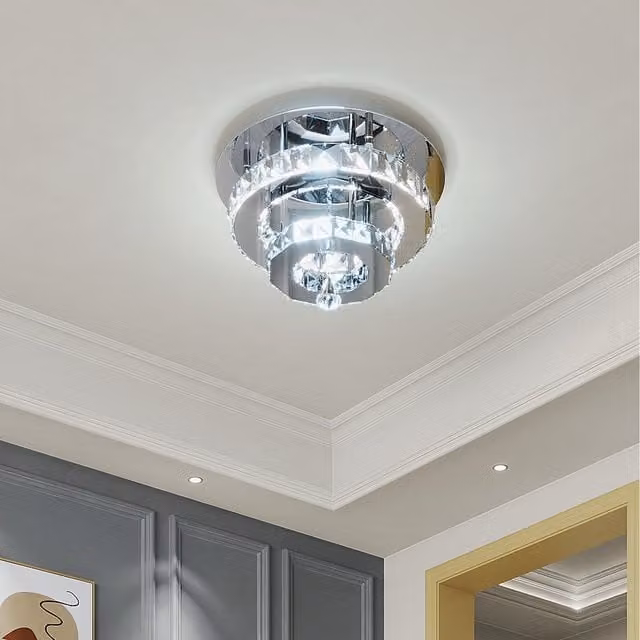 Komore Double Layer Medium Crystal LED Flush Ceiling Light in Silver and Chrome