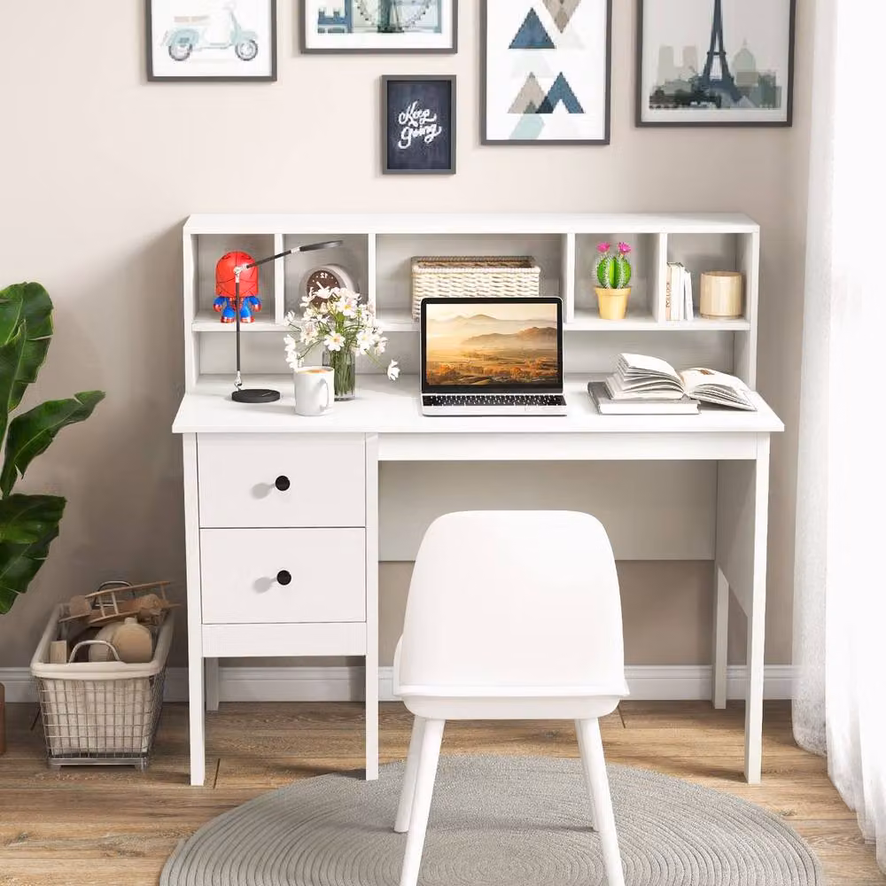 Gymax White Modern Computer Desk with Power Outlets and Drawers, W: 120 cm – 7