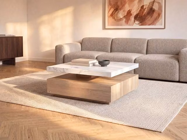 Vente-unique Swivel Coffee Table with 1 Drawer in White and Natural Marble Light Oak MDF, W: 80 cm, D: 80 cm, H: 41 cm – 1