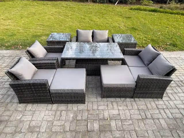 Fimous 9 Piece Wicker Rattan Outdoor Garden Furniture Set with Dining Table, 2 Footstools and 2 Side Tables in Dark Grey