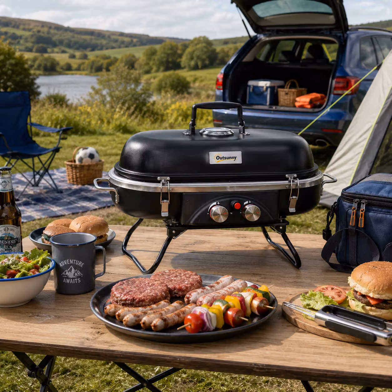 Outsunny Foldable 2 Burner Gas BBQ Grill with Lid, Piezo Ignition and Thermometer, Black Aluminium Alloy Tabletop Barbecue – 2