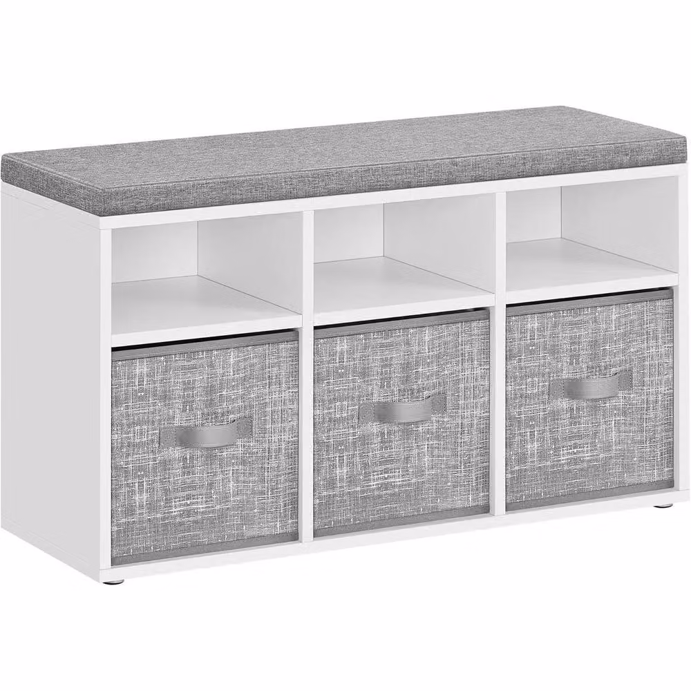The Bazaarist Cushioned Shoe Bench with Storage Shelves in White – 2