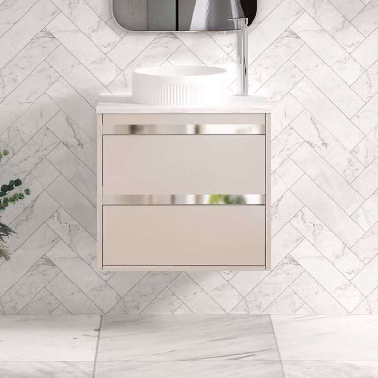 Royal Bathrooms Orion 600mm Warm Taupe Wall Hung Countertop Vanity Unit with 2 Drawers, Round Basin and Chrome Accent Trim