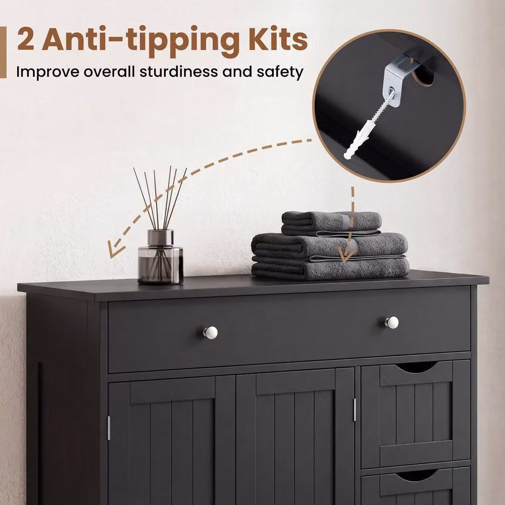 Costway Modern Black Bathroom Floor Cabinet with 4 Drawers and 2 Hinged Doors – 4