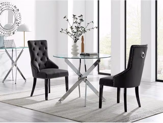 FurnitureboxUK Novara 100cm Round Glass Dining Table and 2 Belgravia Black Leg Chairs in Black