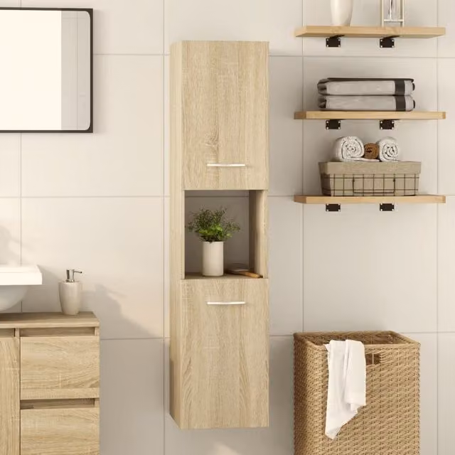Berkfield Home Sonoma Oak Wall Mounted Bathroom Cabinet in Silver, W/D/H: 30 x 30 x 130 cm