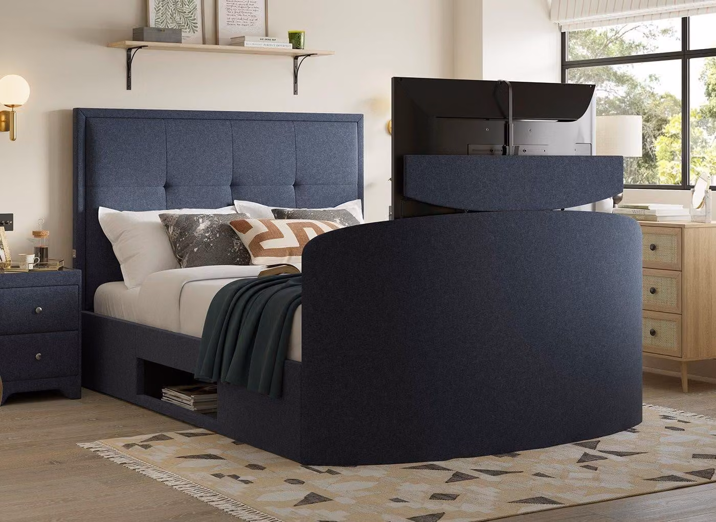 Dreams Hopkins Ottoman TV Bed in Blue Upholstered Fabric with USB Charging Port