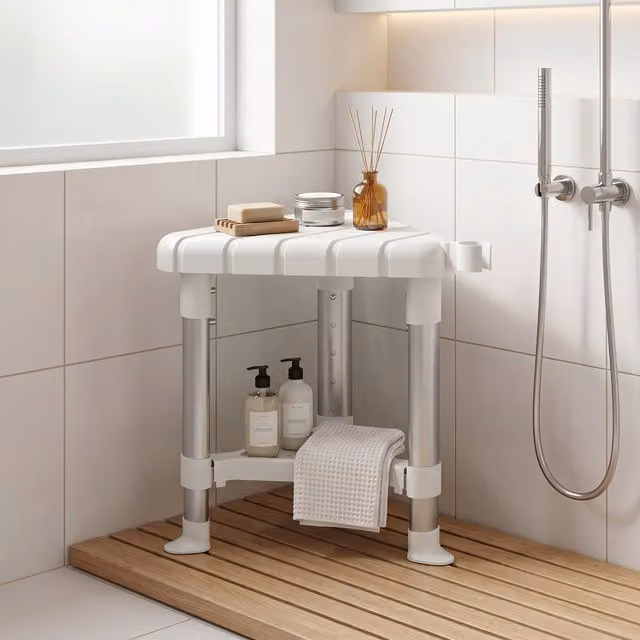 HOMCOM White Shower Stool with Storage Shelf and Drainage HDPE Seat