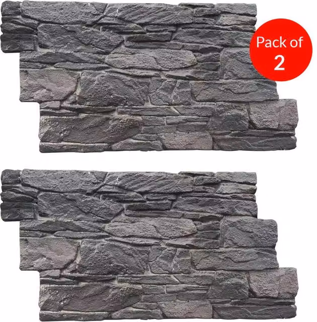 ENER-J Rustic Stacked Slate PU Wall Panel, Dark Grey, W/D/H: 120 x 60 x 6 cm (Pack of 2)