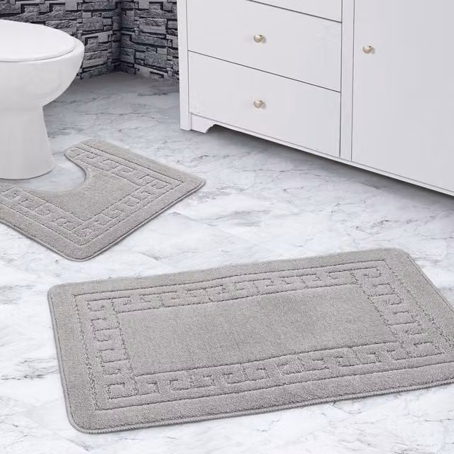 Velosso Greek Key Non-Slip Bathmat and WC Pedestal Mat Set in Silver
