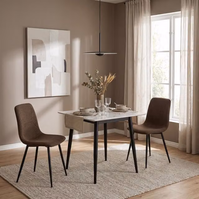 FWStyle Set of 2 Modern Dining Chairs in Brown Linen Fabric with Matt Black Metal Legs