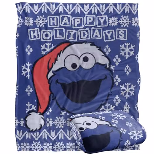 LOGOVISION Sesame Street Cookie Monster Ugly Christmas Sweater Super Soft White Throw Blanket W: 152 cm, D: 127 cm