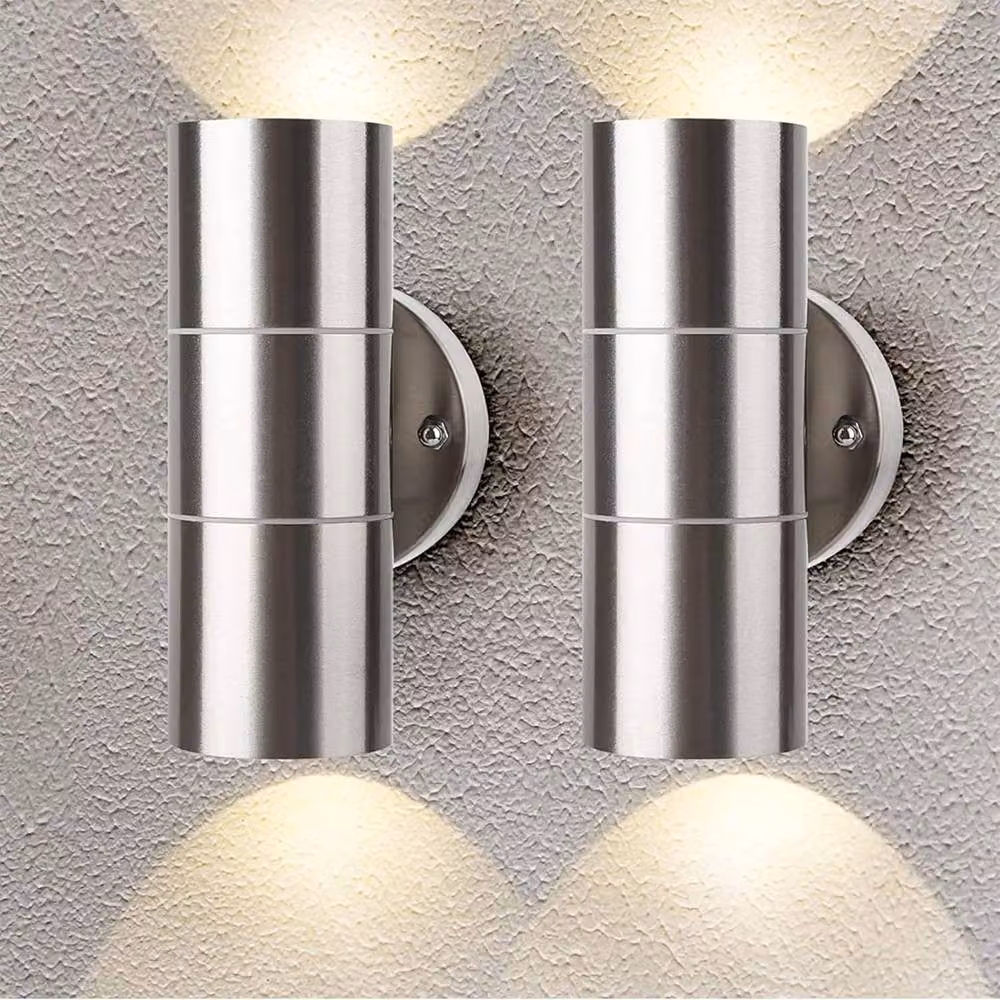 ATEK 2 Pack Silver Stainless Steel Up and Down Outdoor Wall Lights, IP65 Waterproof GU10 Modern Exterior Sconces for Garden, Terrace and Balcony – 7