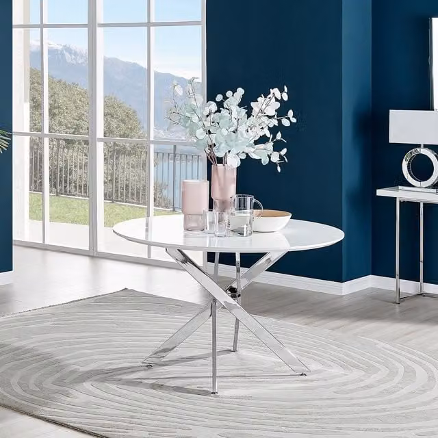 FurnitureboxUK Novara Round 6-Seater Dining Table in White with Silver Chrome Legs, Diameter: 120 cm – 1