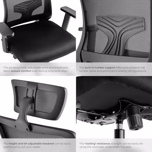 tectake Ergonomic Office Chair in Black with Headrest, Armrests and 360 Degree Swivel Function – 6