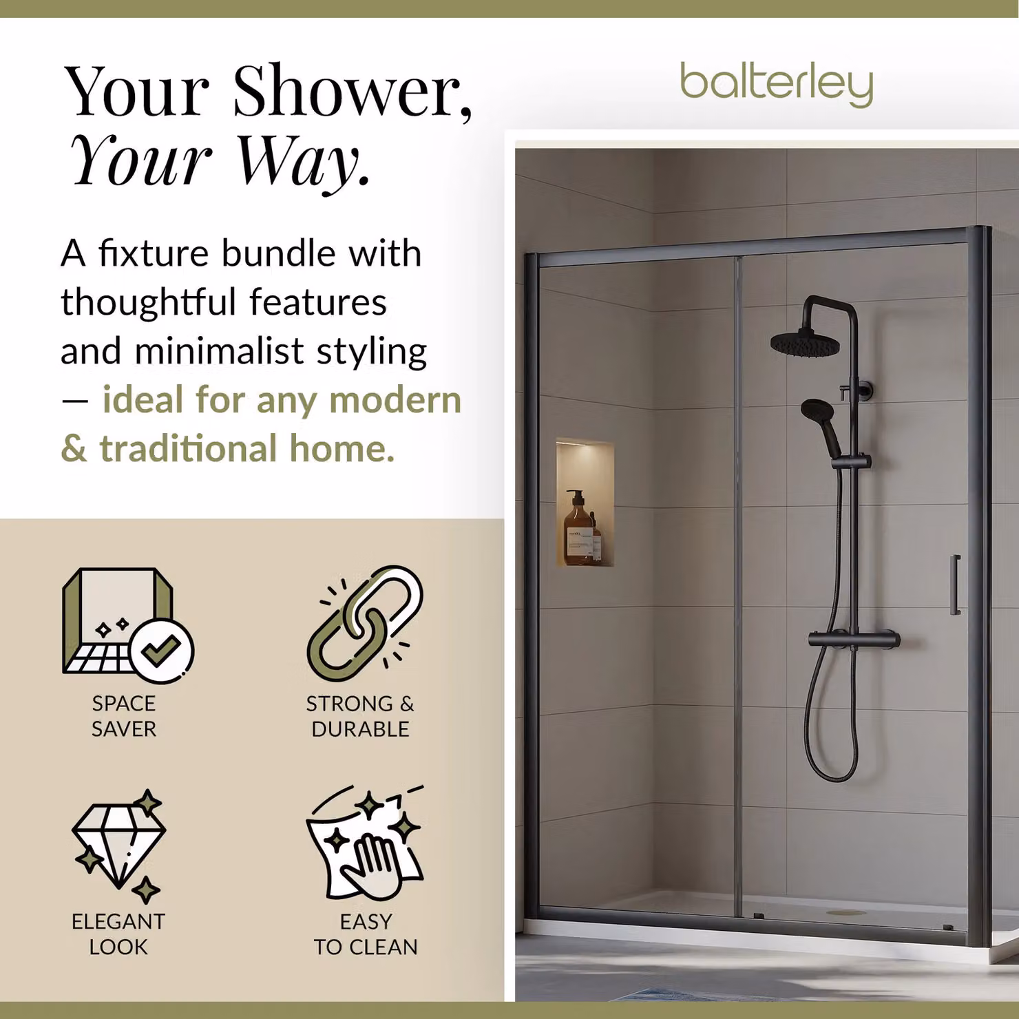 Balterley Ruwa Sliding Shower Suite with Rectangular Tray and 6mm Glass Door Panel, Black, W: 1400 mm, D: 800 mm, H: 190 mm – 2