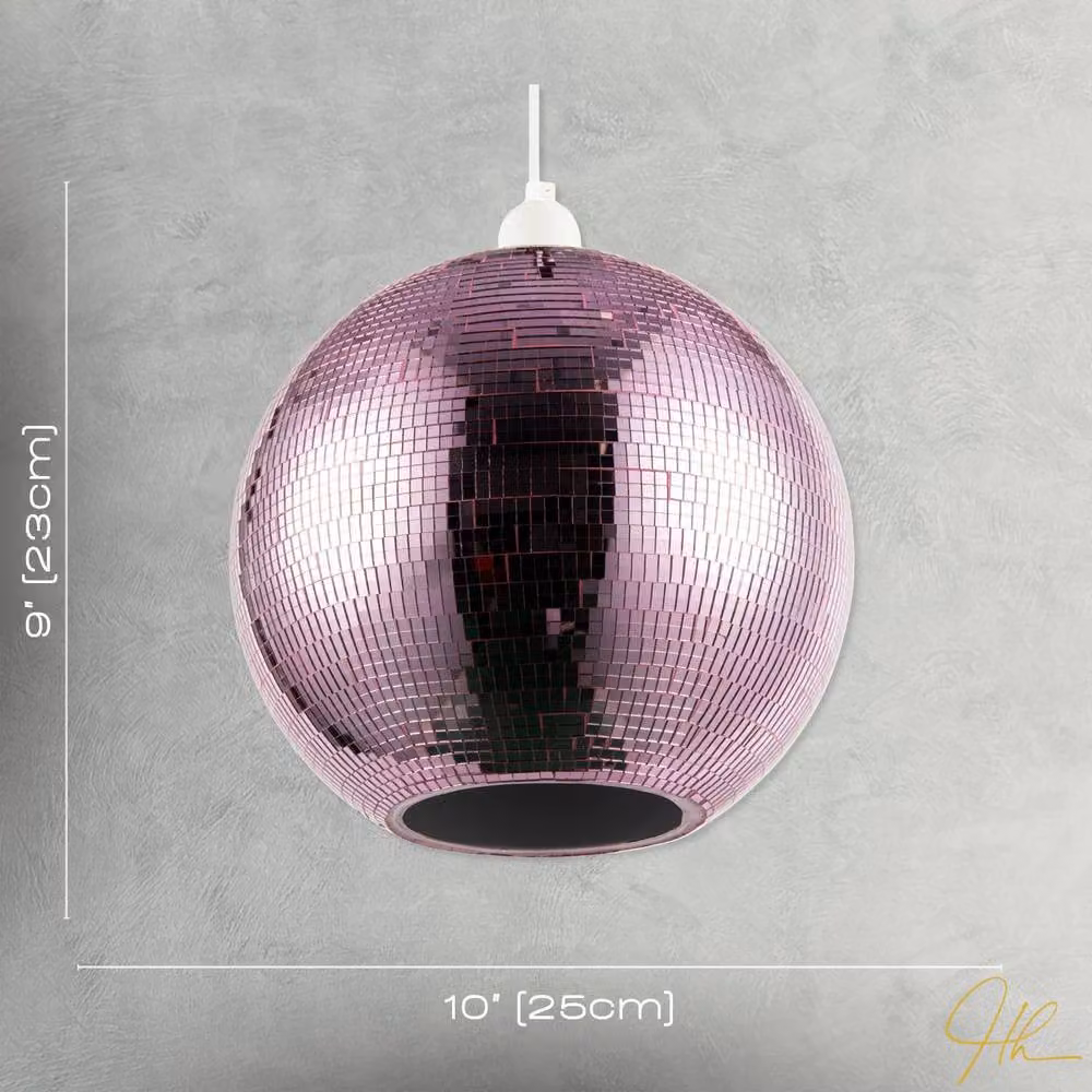 Happy Homewares Pink Shiny Disco Mosaic Ball Pendant Shade in Retro Mirrored Tiled Style – 5