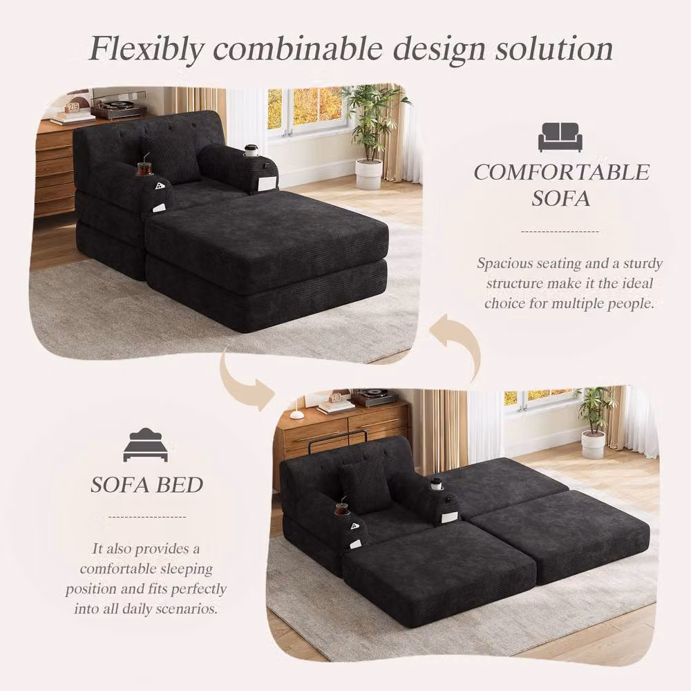 Direct Wicker Black Cord Convertible Sleeper Chair with Ottoman, Cup Holders and Side Pocket – 2