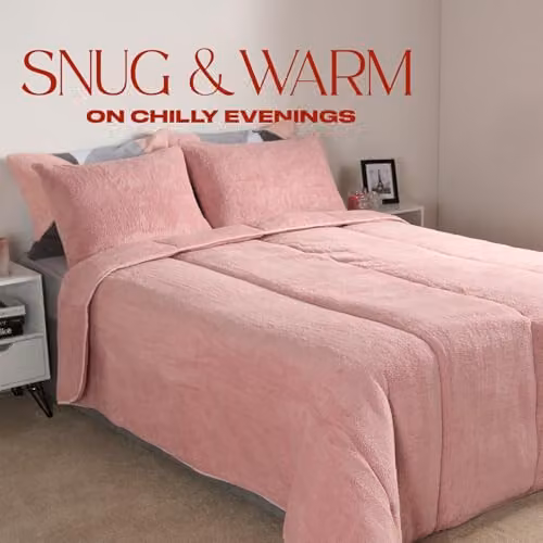 OHS Teddy Fleece Coverless Double Duvet Set with Pillowcases, 10.5 Tog, Pink, W/D/H: 200 x 200 cm – 2