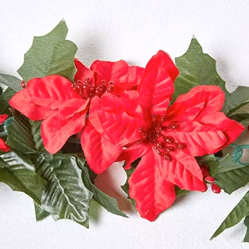 Homescapes Artificial Christmas Hanging Garland with Red Poinsettia Flowers and Green Foliage Leaves – 2