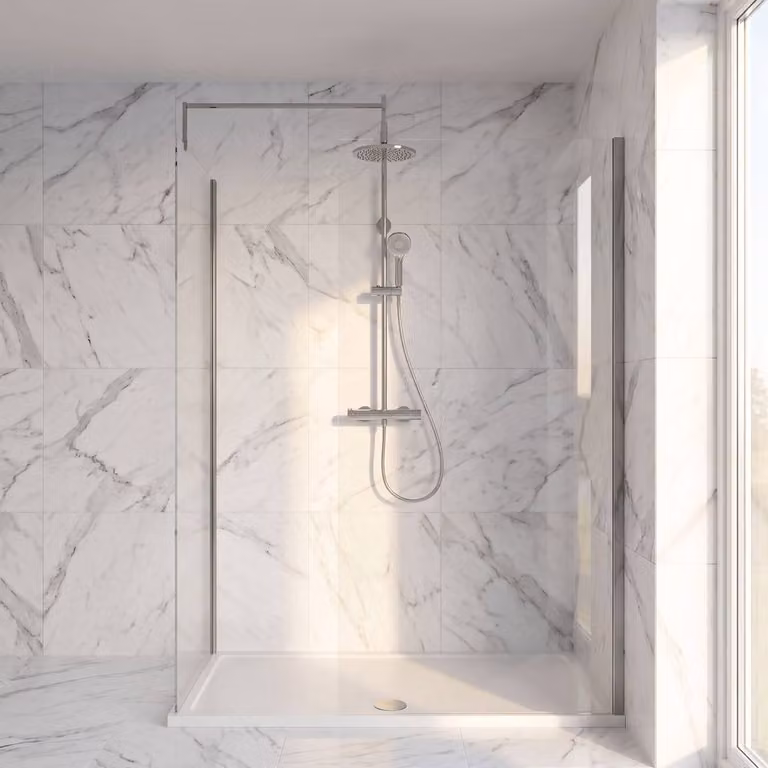 Balterley Walk-In Wetroom Bundle with Rectangular Tray and Fixed Glass Panel, Silver and Gunmetal, W: 1500 mm, D: 700 mm