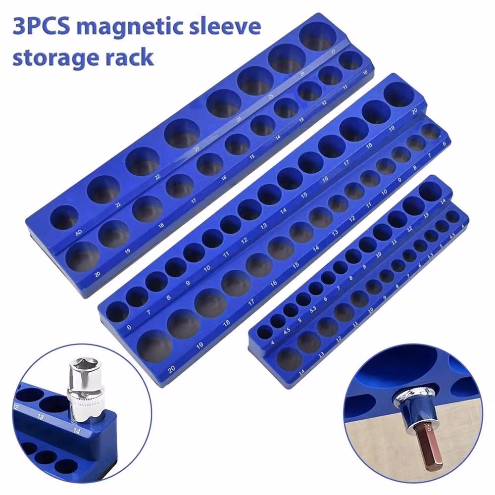 VOGREX 3-Piece Metric Magnetic Socket Organizer Tray Set, 1/4, 3/8 and 1/2 Drive Holder in Blue Steel – 4