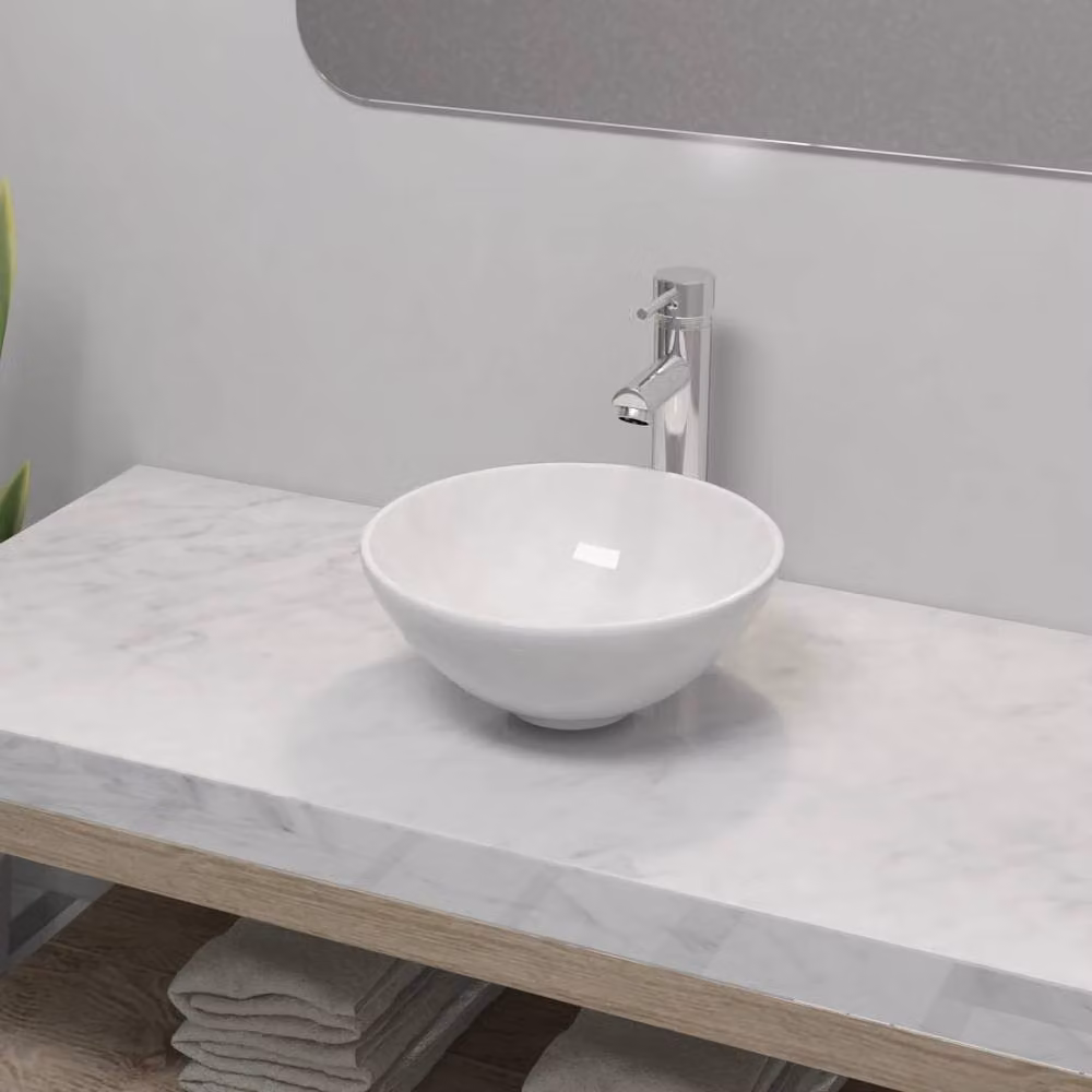 Berkfield Home Round Ceramic Bathroom Basin with Mixer Tap in White – 2