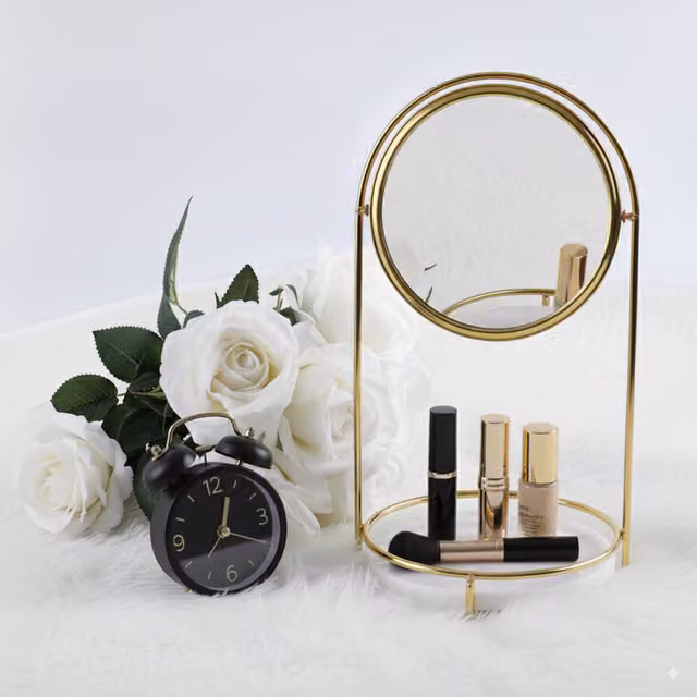 Maison Des Cadeaux Round Scandinavian Tabletop Vanity Mirror with White Marble and Gold Metal Details