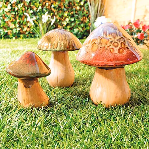 Burwells Set of 3 Decorative Ceramic Toadstool Ornaments in Multicolour Orange and Brown, H: 16 cm, 14 cm and 12 cm – 2