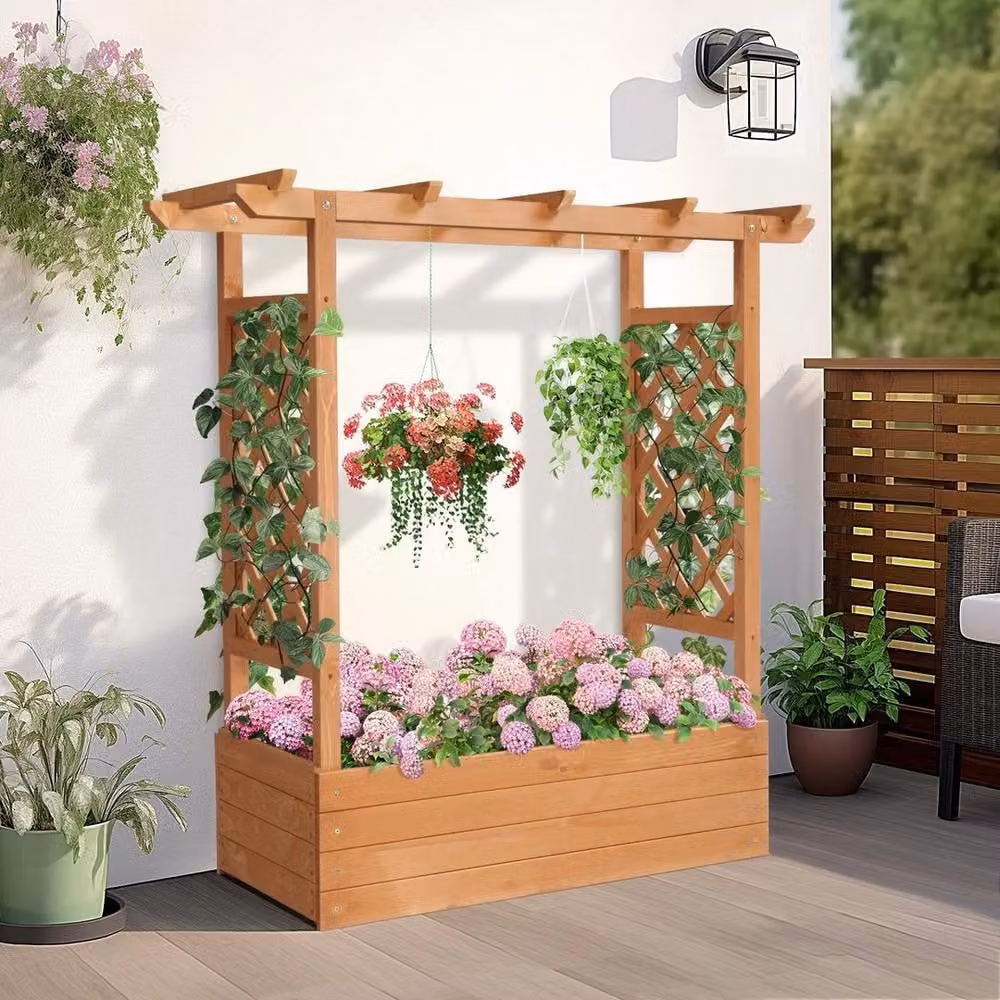 Kelvenix Wooden Outdoor Raised Garden Bed with Trellis in Brown – 5
