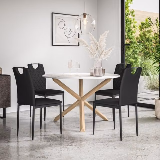 More4Homes Malvern Round Marble Effect Dining Table Set with 4 Monza Chairs in Black and White, W/D/H: 120 x 120 x 75 cm